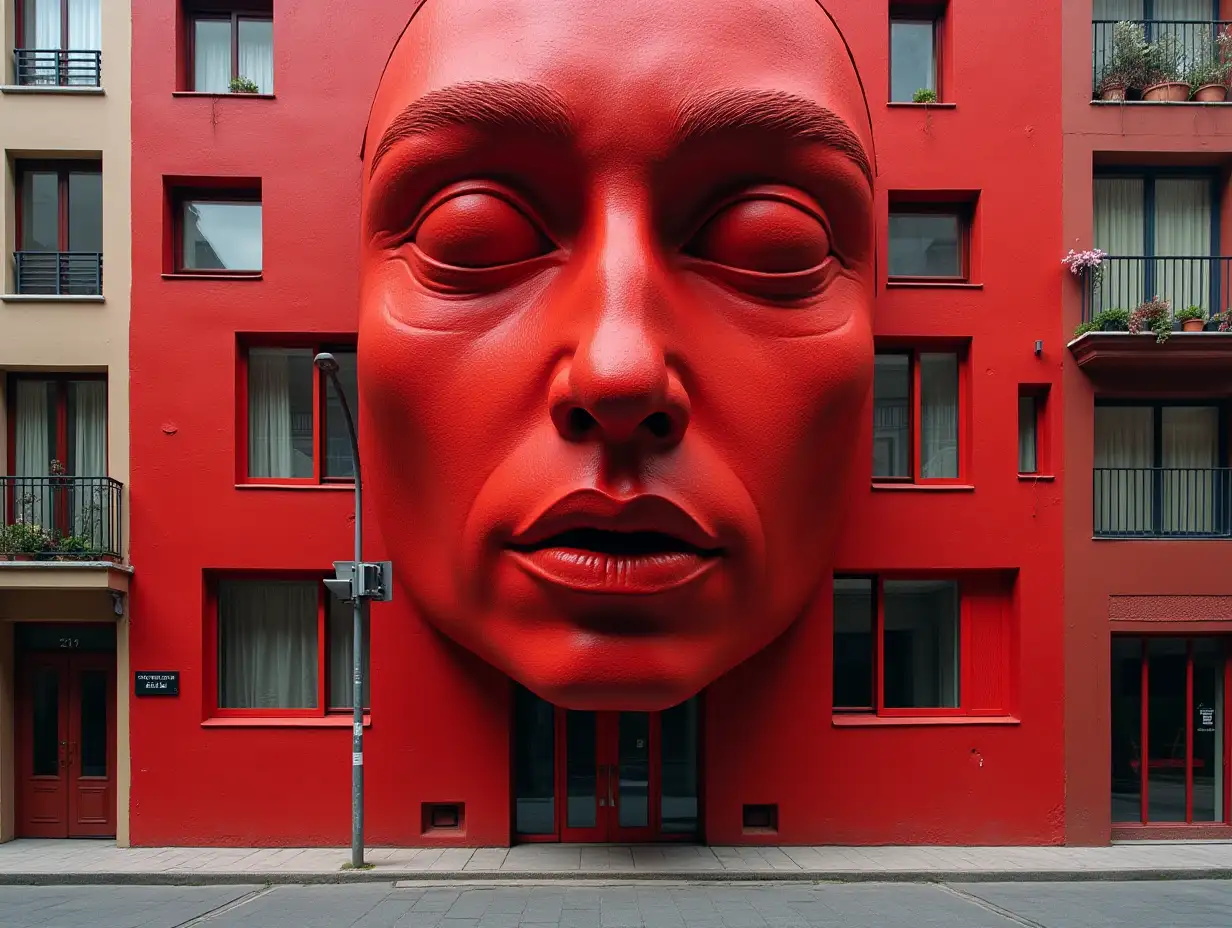 Red face transforms into building