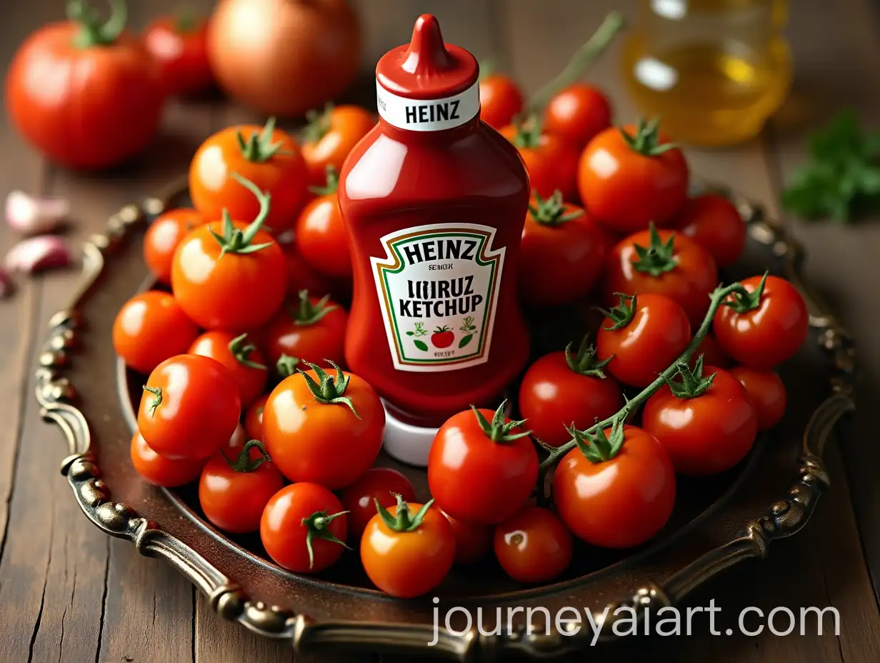 Heinz-Ketchup-BottleAI-Art-Prompt-Expansion-Surrounded-by-Fresh-Tomatoes-and-Vegetables-on-Ornate-Tray