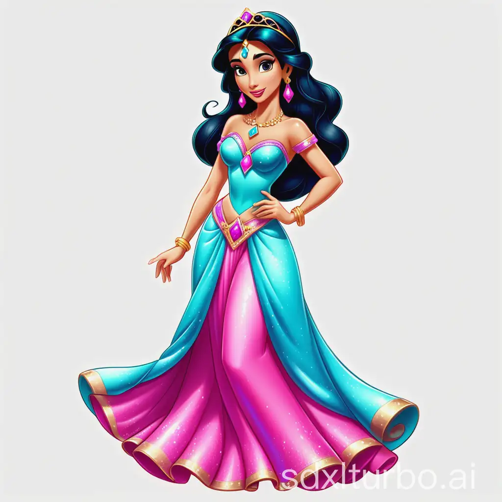 princess jasmine. 4k full length vibrant, bright, sparkling cute cartoon navy pink beautiful dress, no background