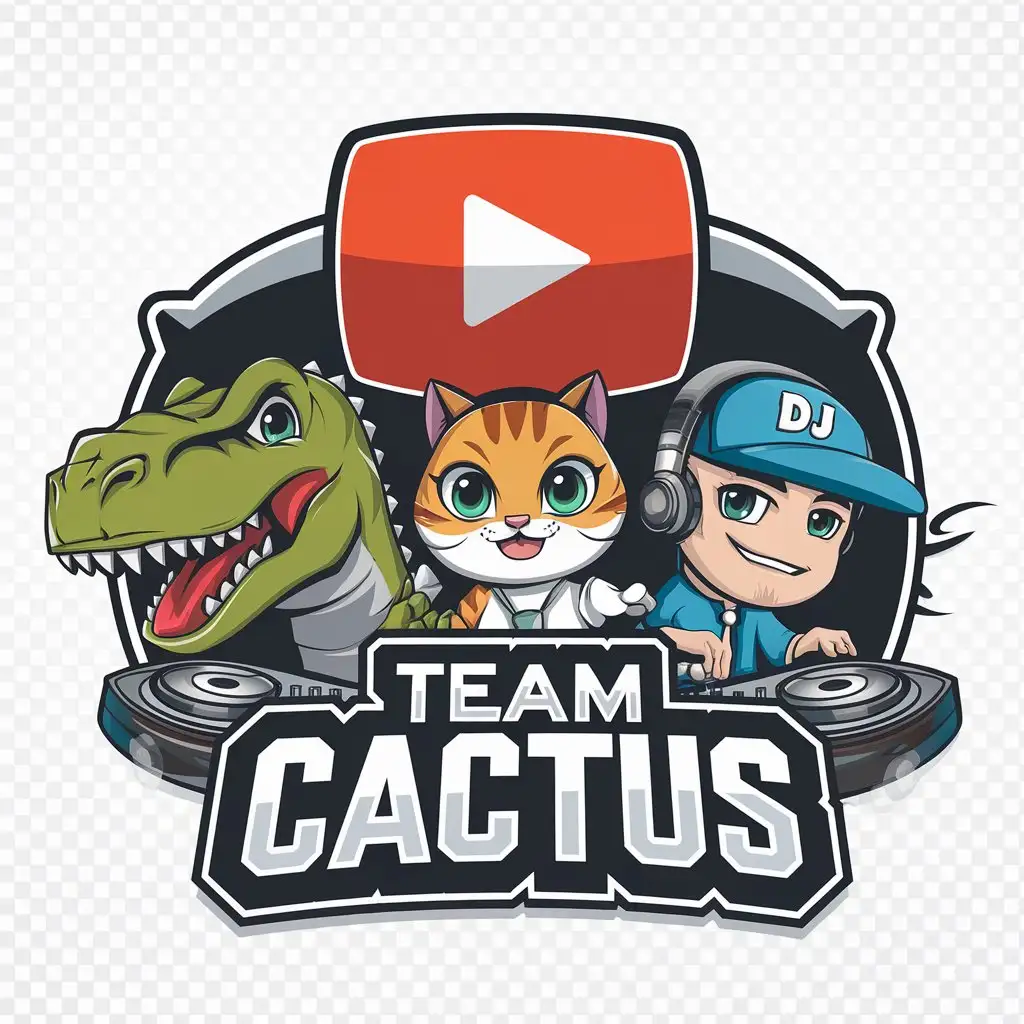 a vector logo design,with the text "Team Cactus", main symbol:Design vector logo, with 'Team Cactus' text, main icon: youtube, 1 person is a dinosaur, 1 person is a cat, 1 person is a DJ, chibi, background transparent,complex,be used in Entertainment industry,clear background