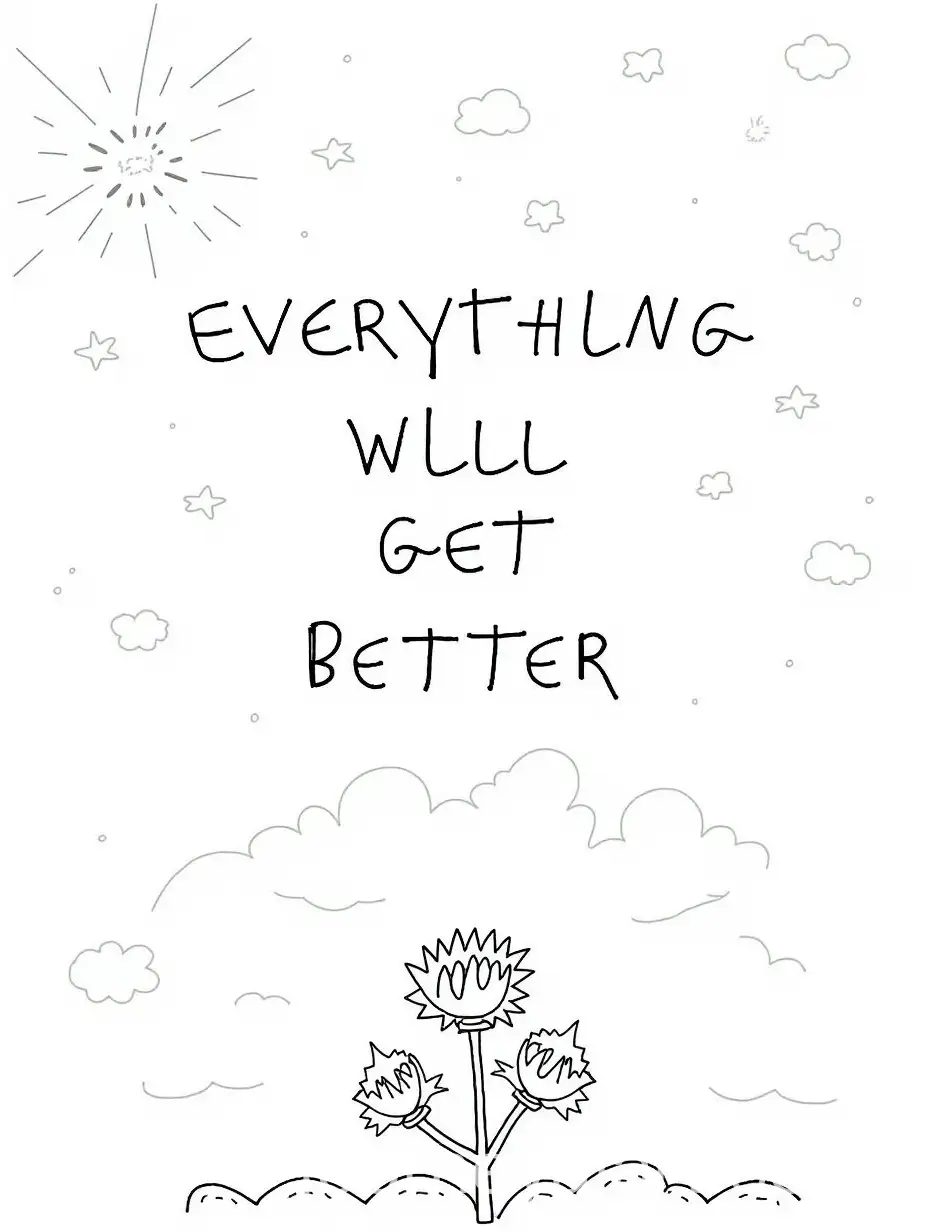 Whimsical-Black-and-White-Line-Art-Coloring-Page-with-Uplifting-Phrase-and-Blooming-Flower