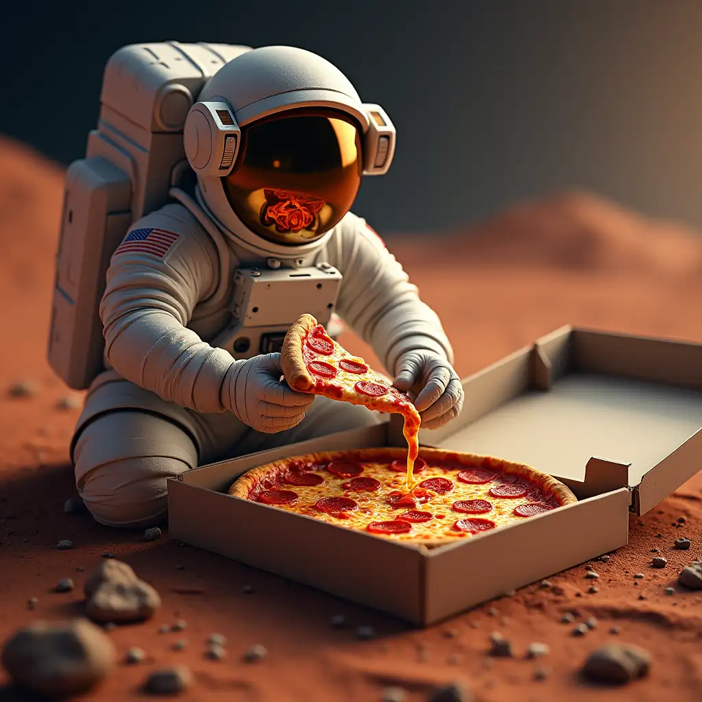 a astronaut on mars eating slice of pizza , the box of pizza its road side restaurant