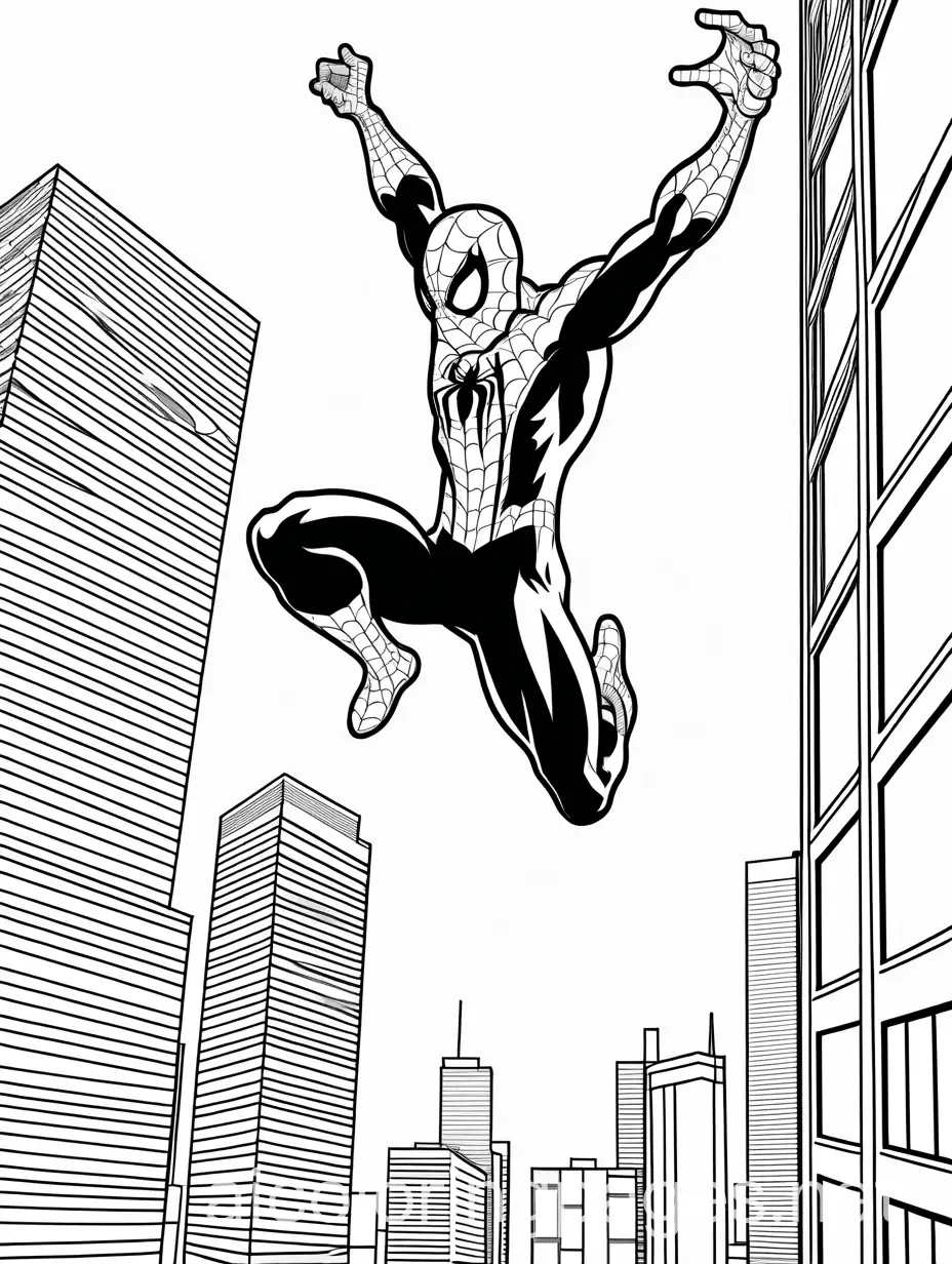 spiderman falling of a building, Coloring Page, black and white, line art, white background, Simplicity, Ample White Space. The background of the coloring page is plain white to make it easy for young children to color within the lines. The outlines of all the subjects are easy to distinguish, making it simple for kids to color without too much difficulty