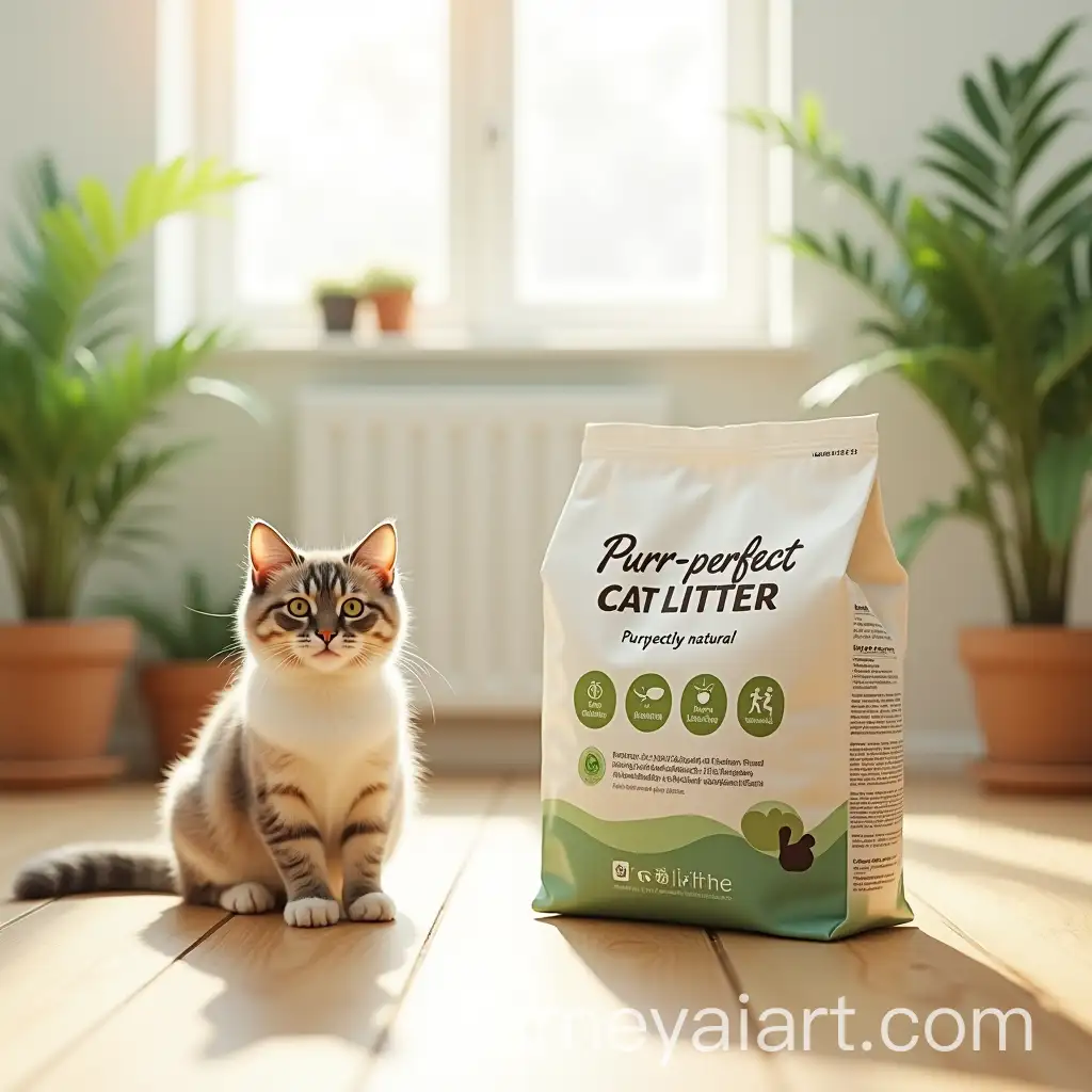 Happy-Cat-with-Purrfect-Cat-Litter-in-Stylish-Indoor-Setting