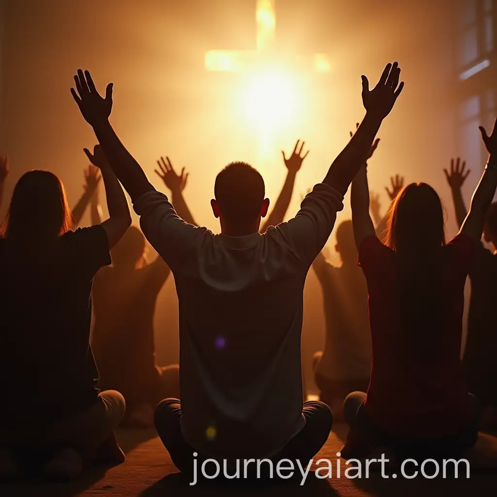 Group-of-People-Praying-with-Hands-Raised-in-a-Room