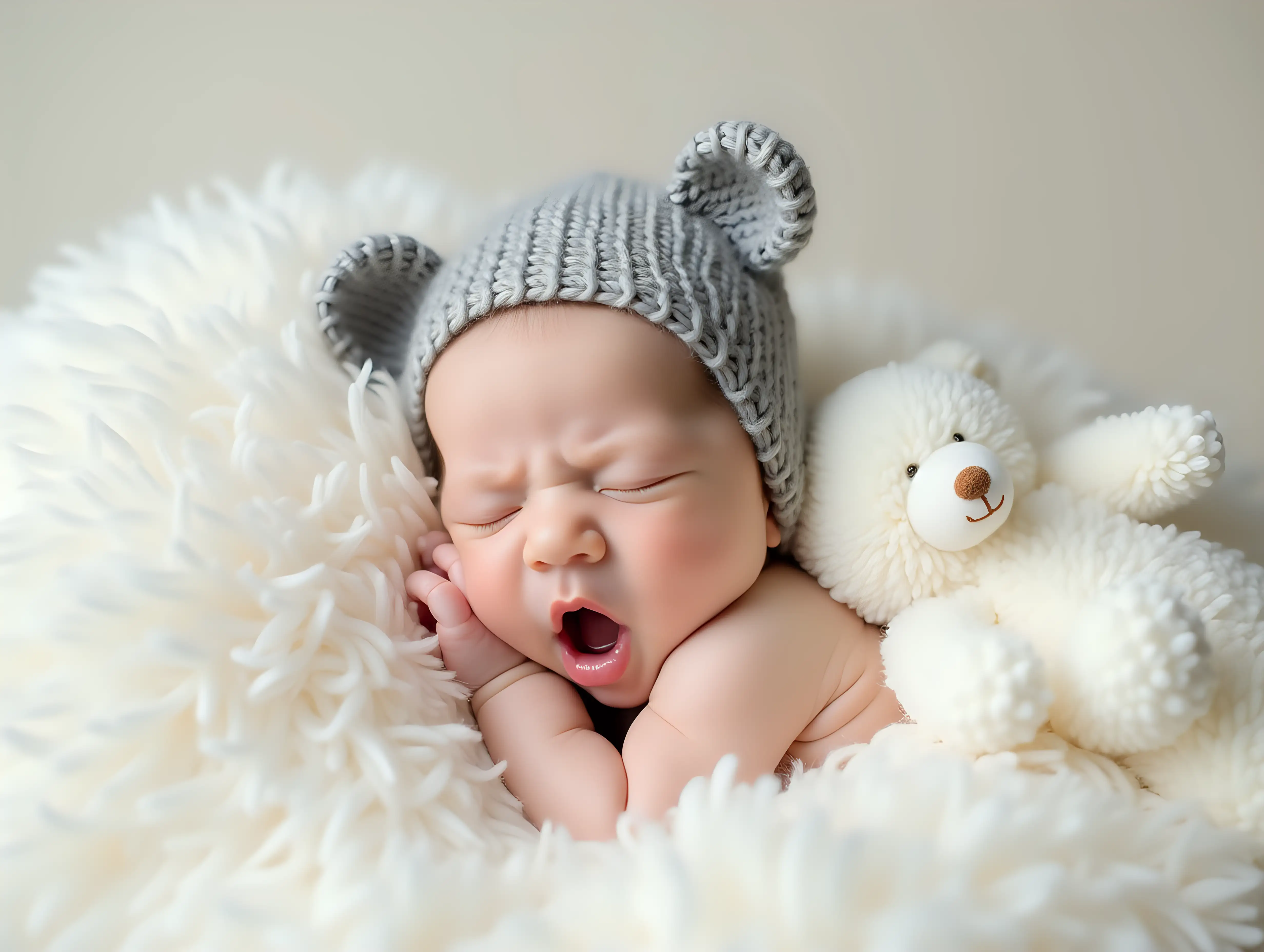 Newborn-Baby-Sleeping-Peacefully-in-Cozy-White-Bed-with-BearEared-Hat-and-Teddy-Bear