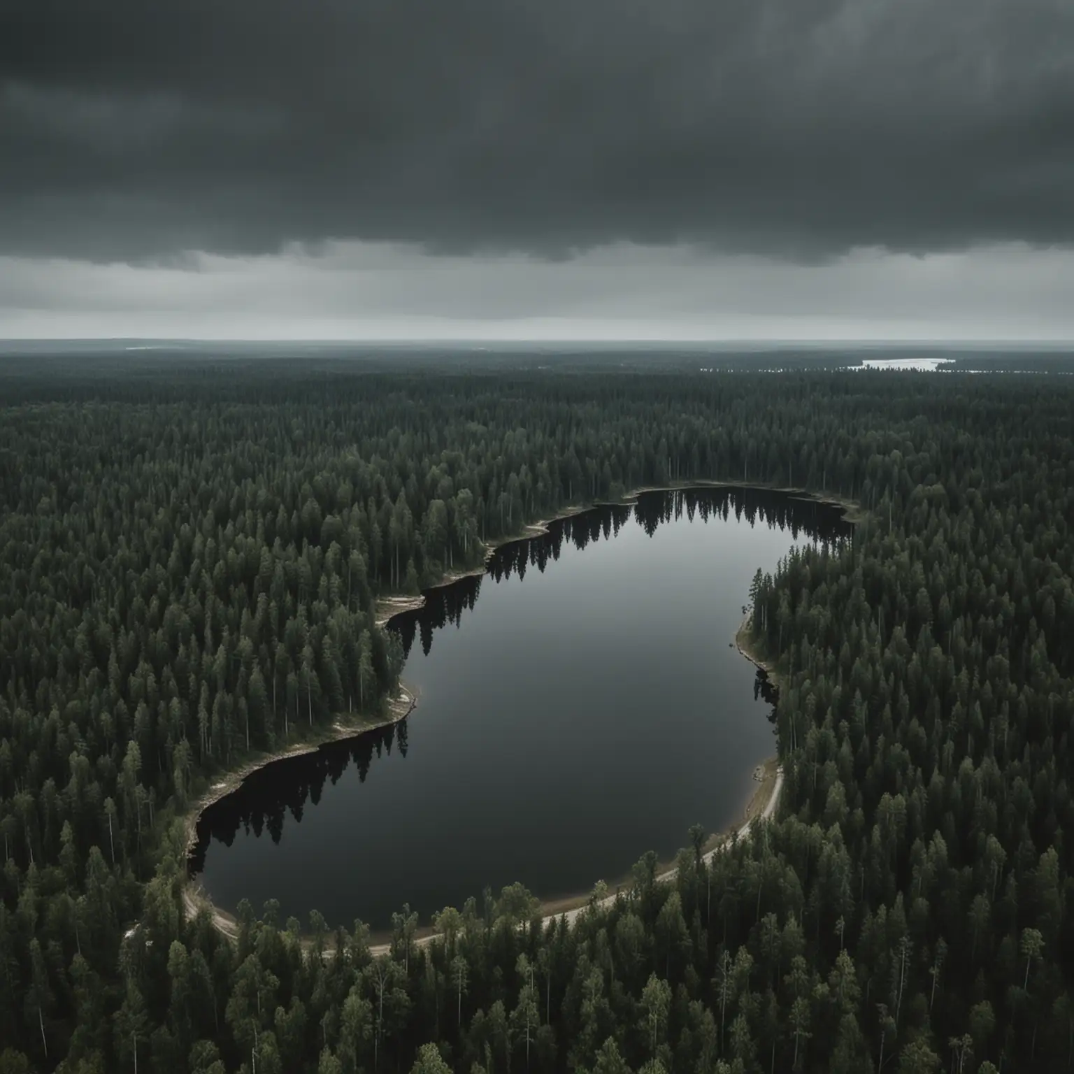 Moody Forest Lake with Distant Townscape