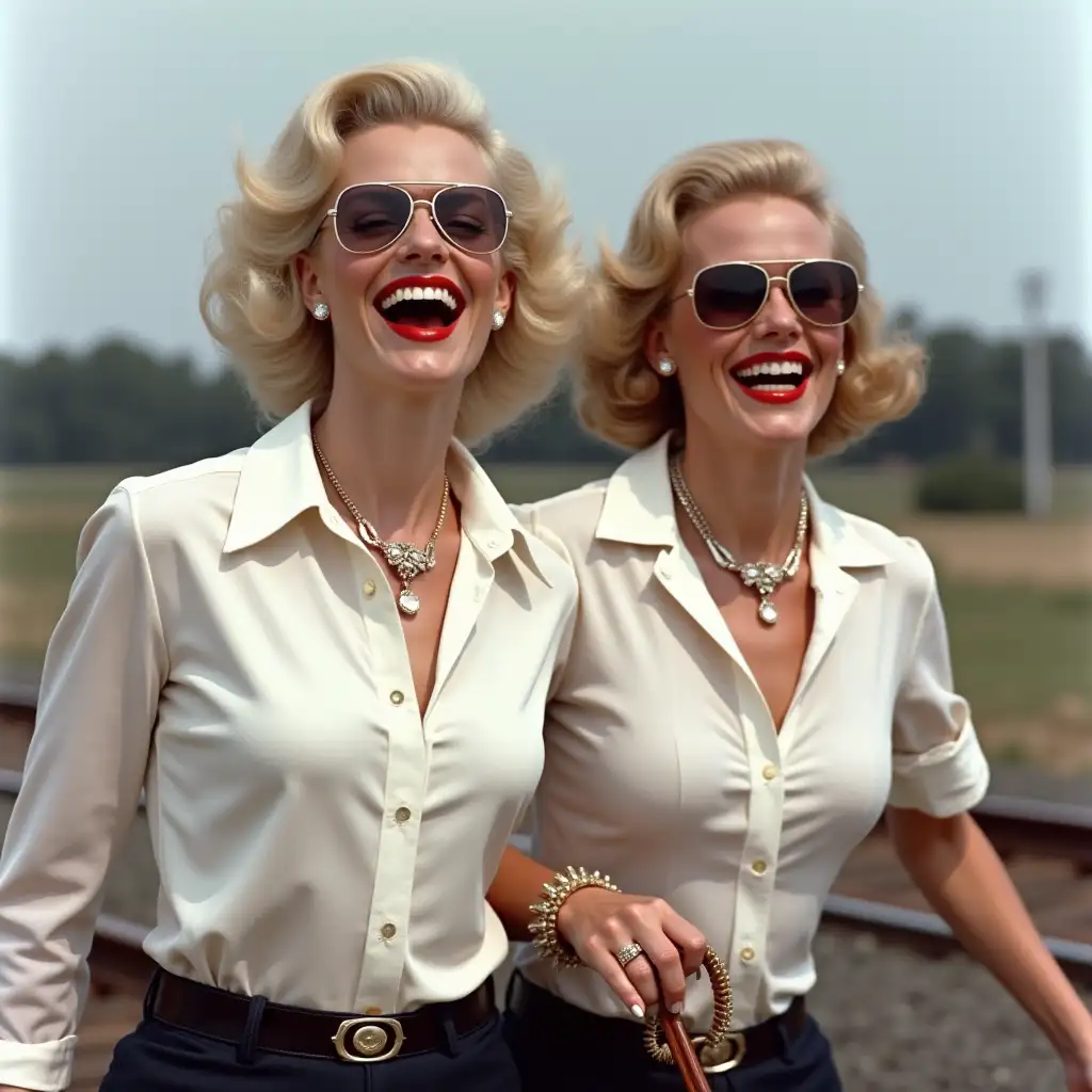 Rita Hayworth and marlyn monroe, wearing an white pilot shirt, laughing with her mouth open, red lipstick accentuating her smile, jewerly, aviator sunglasses, white skin, whip in hand, smoking cigarette, walking on rails, australia