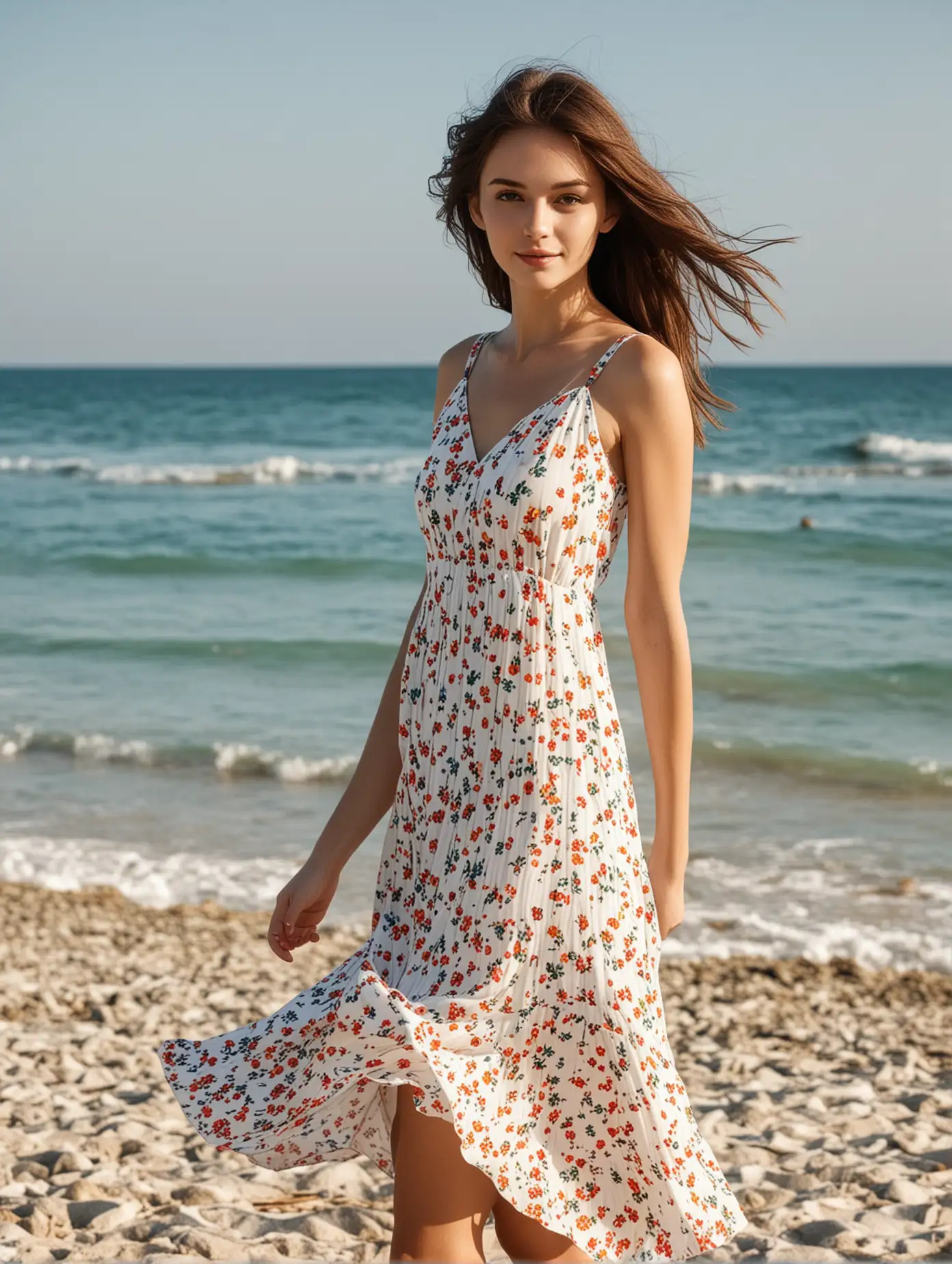 1girl,slim,summer dress,background is beach,good day