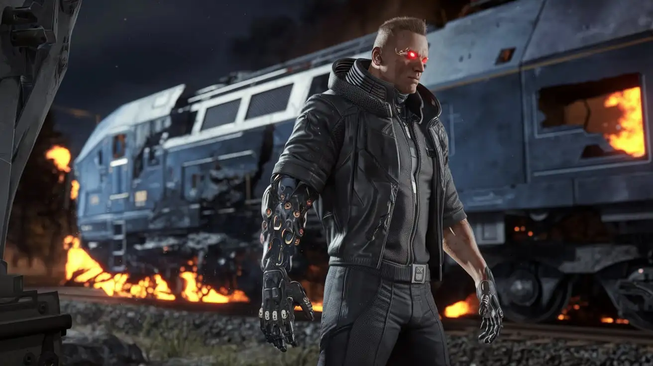 Cyberpunk Cyborg Facing Burning Armored Train at Night