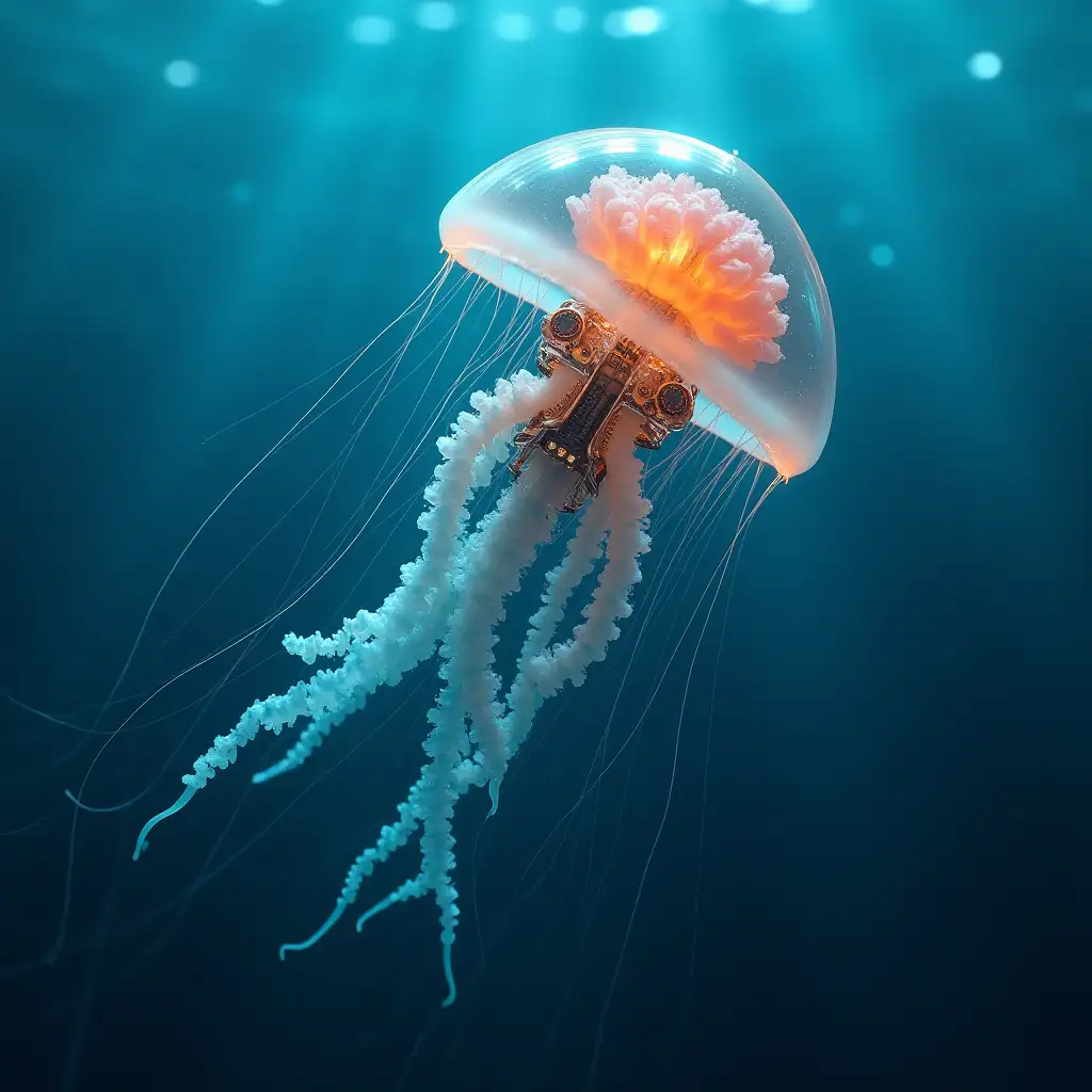 Create jellyfish from cyber punk in the ocean underwater, all like an ordinary jellyfish, but inside visible metallic mechanism make a flock of jellyfish, inside where its organs should be noticeable mechanical details half-robot jellyfish