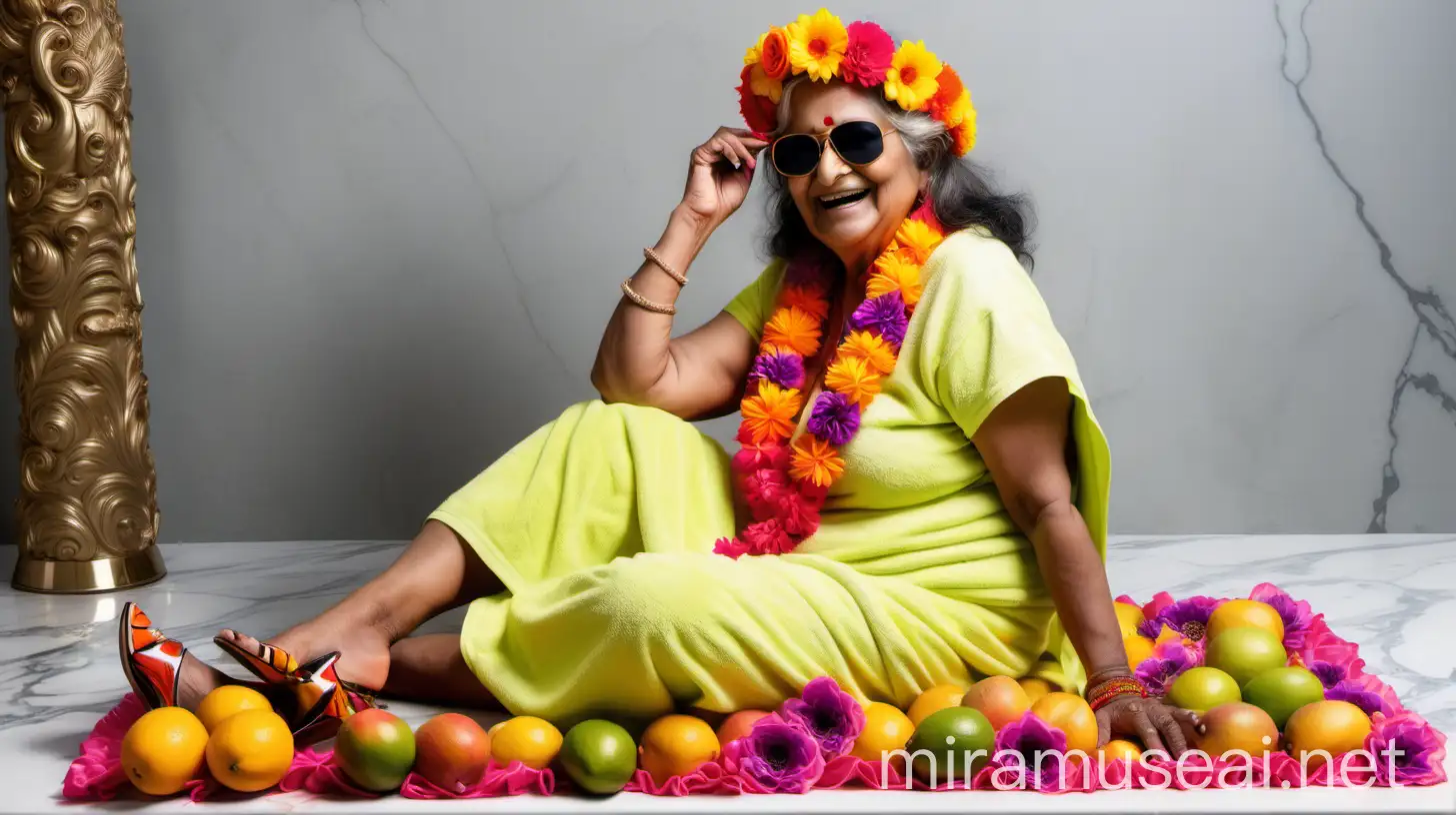 Senior Indian Hindu Woman Monk with Aviator Sunglasses and Colorful Flower Crown Holding Mango on Luxurious Marble Floor