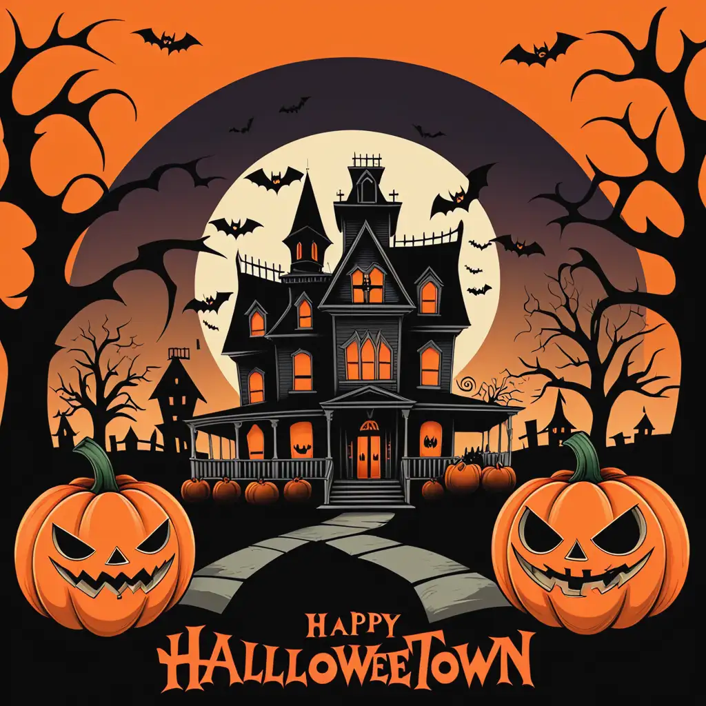 Vintage HalloweenTown TShirt Design Haunted House Pumpkins and Shadowy Figures