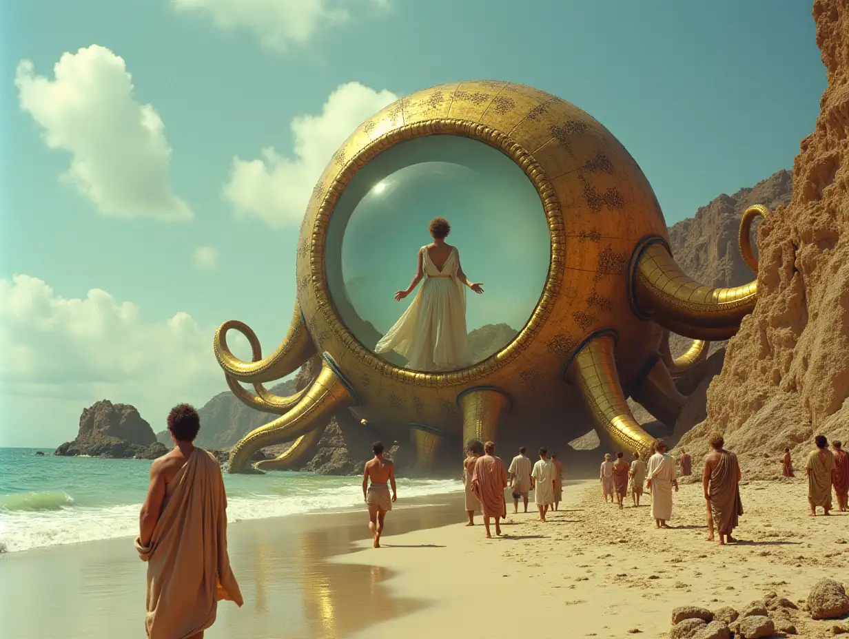 Surreal-Beach-Scene-with-Women-Encased-in-Glass-Globes-and-Men-in-GrecoRoman-Attire