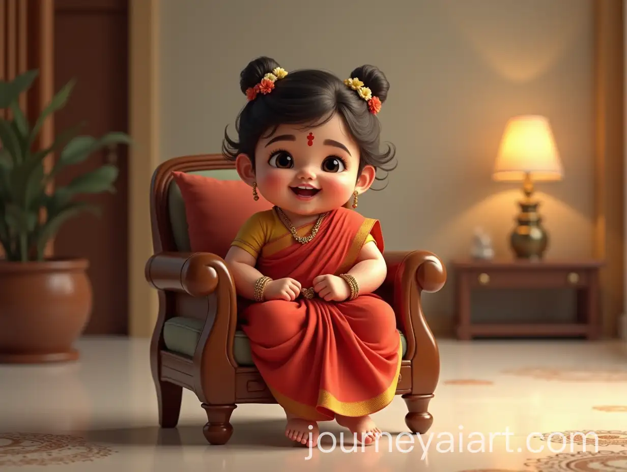 Happy-Tamil-Baby-Girl-in-Traditional-Silk-Saree-on-Wooden-Chair