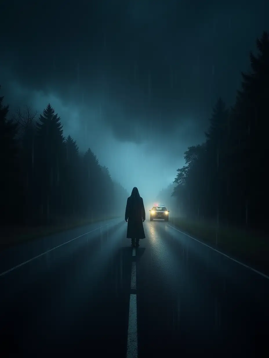 An image of a dark and deserted road during a stormy night, showing a mysterious shadow standing in the middle of the road. The sky is covered with black clouds, and heavy rain pours violently. In the background, one can see a car stopped on the side of the road, its headlights illuminating the mysterious shadow. The image is dark and frightening, reflecting the atmosphere of mystery and terror in the story.