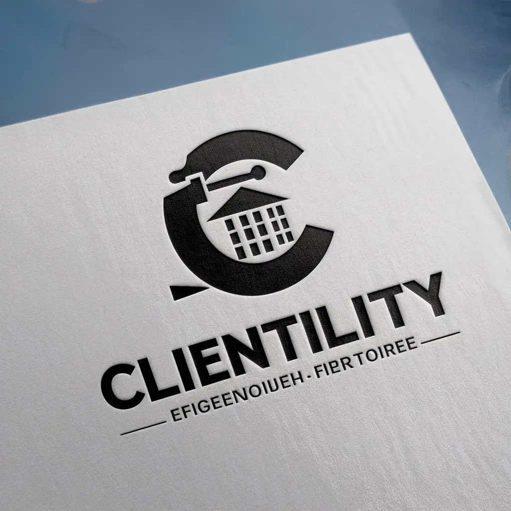 LOGO Design for Clientility Monogram C with Building and Tools in Black on White Background