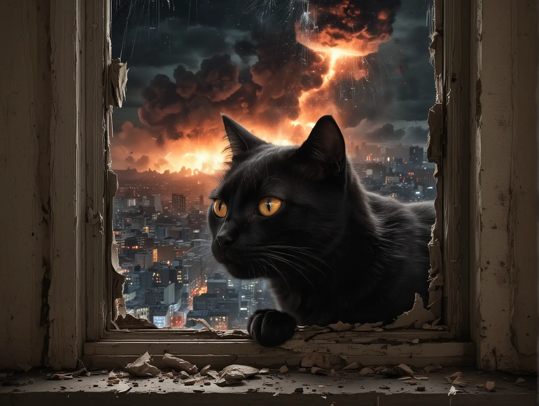 Black-Cat-Watching-Nuclear-Explosion-Through-Broken-Window-at-Night