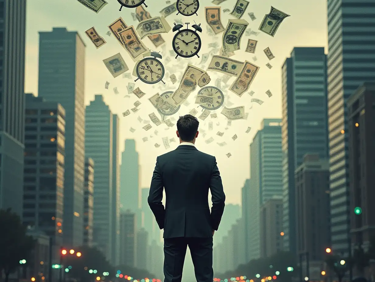 A person in a corporate suit standing in a busy urban cityscape surrounded by tall buildings, yet looking lost and overwhelmed. The background is dominated by images of money, office documents, and clocks, symbolizing the pressures of time and material success. The figure appears to be reflecting on life, with faint, distant imagery of nature and creativity barely visible on the horizon, suggesting an inner conflict between ambition and true happiness.