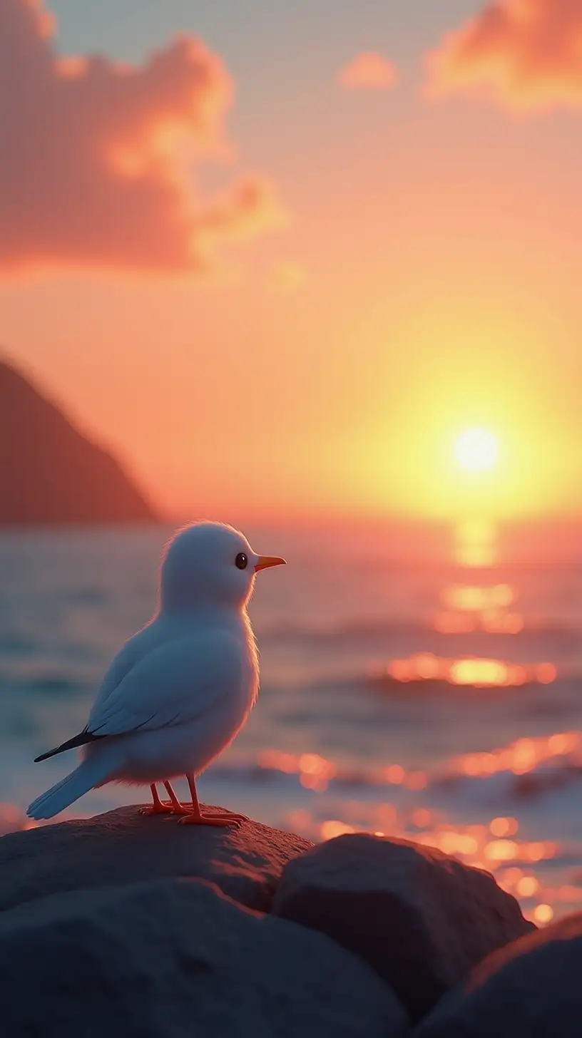 A cute bird looking at the sunset concept art by Doug Chiang cinematic, realistic painting, high definition, concept art, portrait image, path tracing, serene landscape, high quality, highly detailed, 8K, soft colors, warm colors, turbulent sea, high coherence, anatomically correct, hyperrealistic, defined face, five fingers, symmetrical