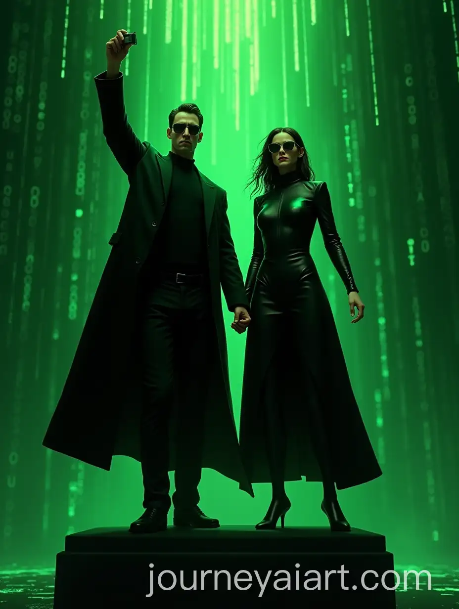 Neo-and-Trinity-from-The-Matrix-in-Soviet-Sculpture-Pose-with-Green-Matrix-Code