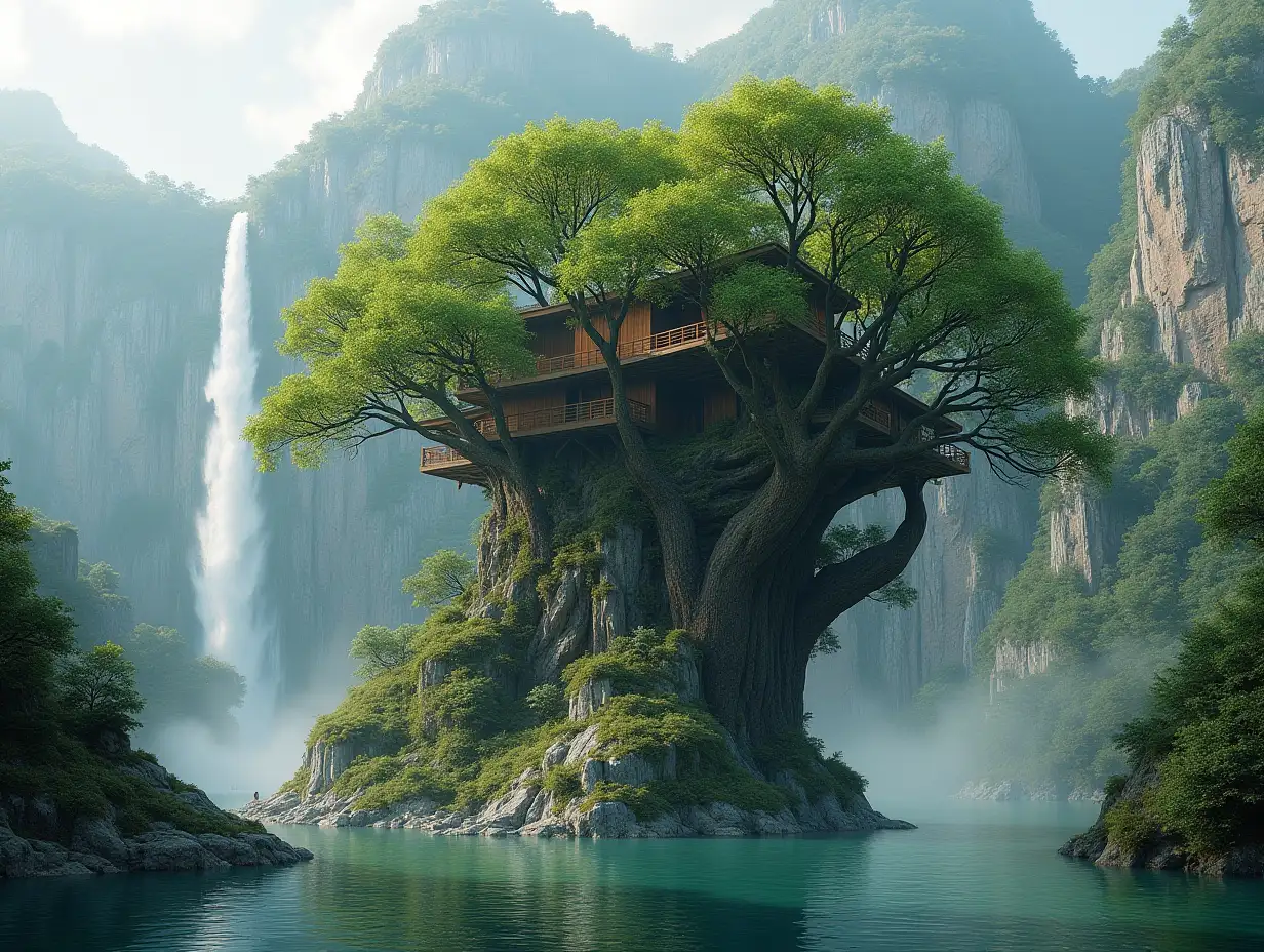 Building treeHeadred with lake and waterfalls