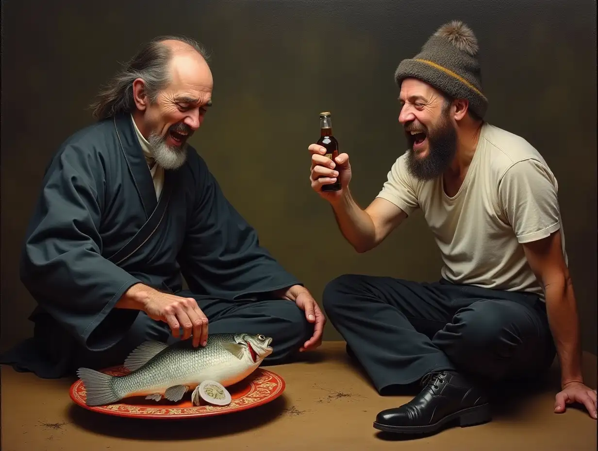 A stern, gloomy Japanese samurai eats fugu fish (it lies before him on a plate). Opposite the samurai sits a bearded Russian man in a ushanka hat, t-shirt, black pants and black boots. In his hand, the man holds an open small bottle. The man laughs loudly to tears, pointing with his free hand at the samurai. Oil painting.