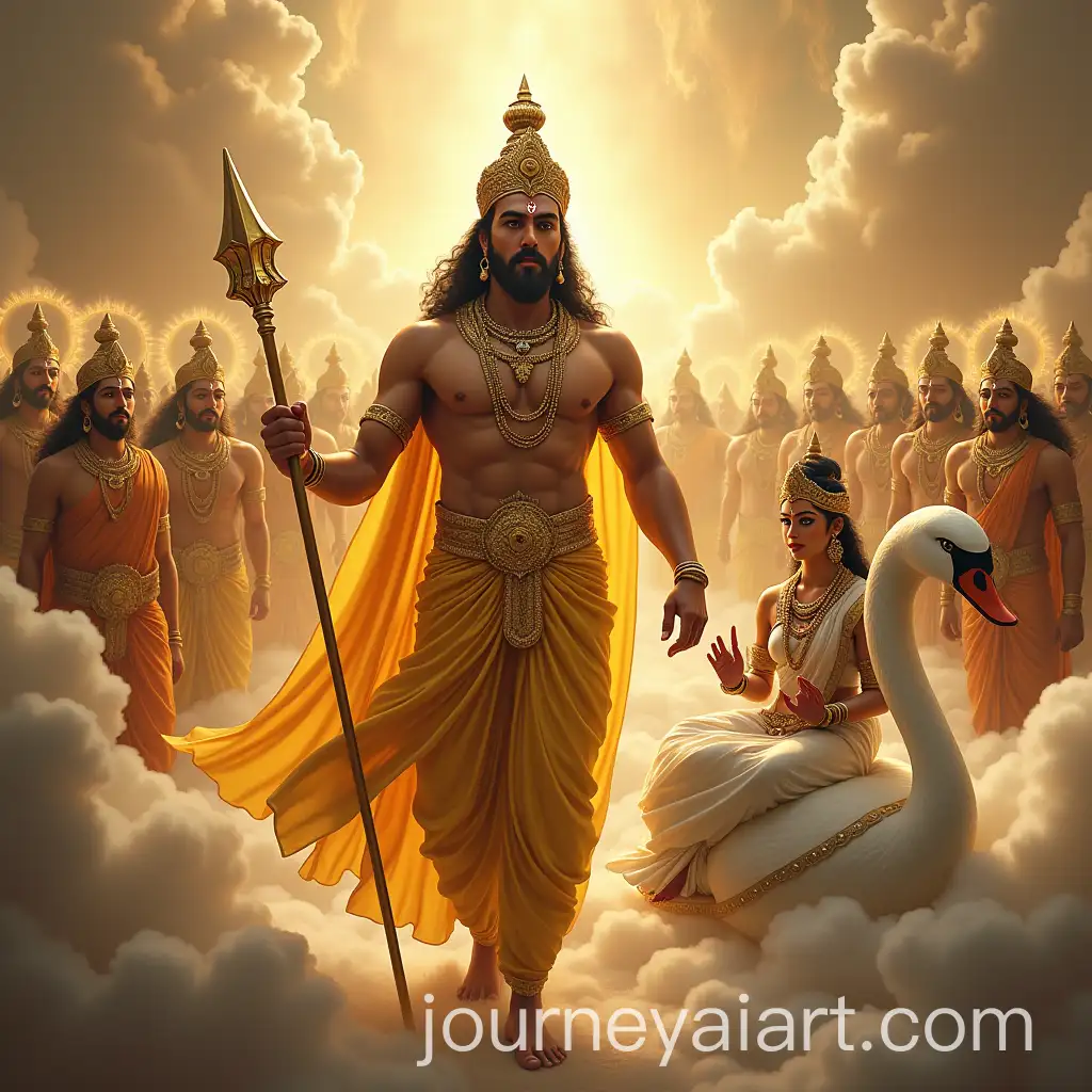 Indra-and-Devas-in-Celestial-Court-with-Goddess-Saraswati-on-Swan