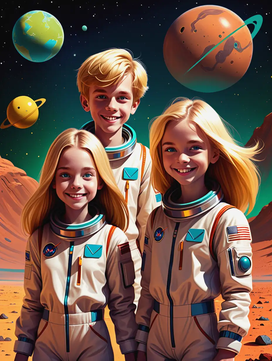 Three Teenagers Smiling on Mars with Yellow Capsule