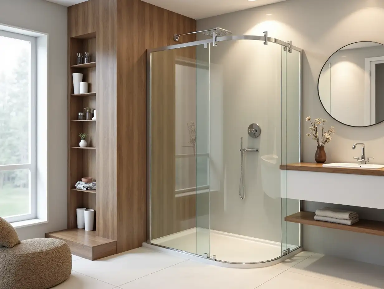 a small corner rounded shower enclosure made from beautiful teak and obscure glass. Satin finish shower parts