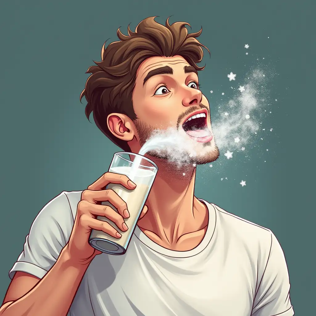 Illustration 4K men is drinking white shake with powder and spits it all over the place since it’s nasty