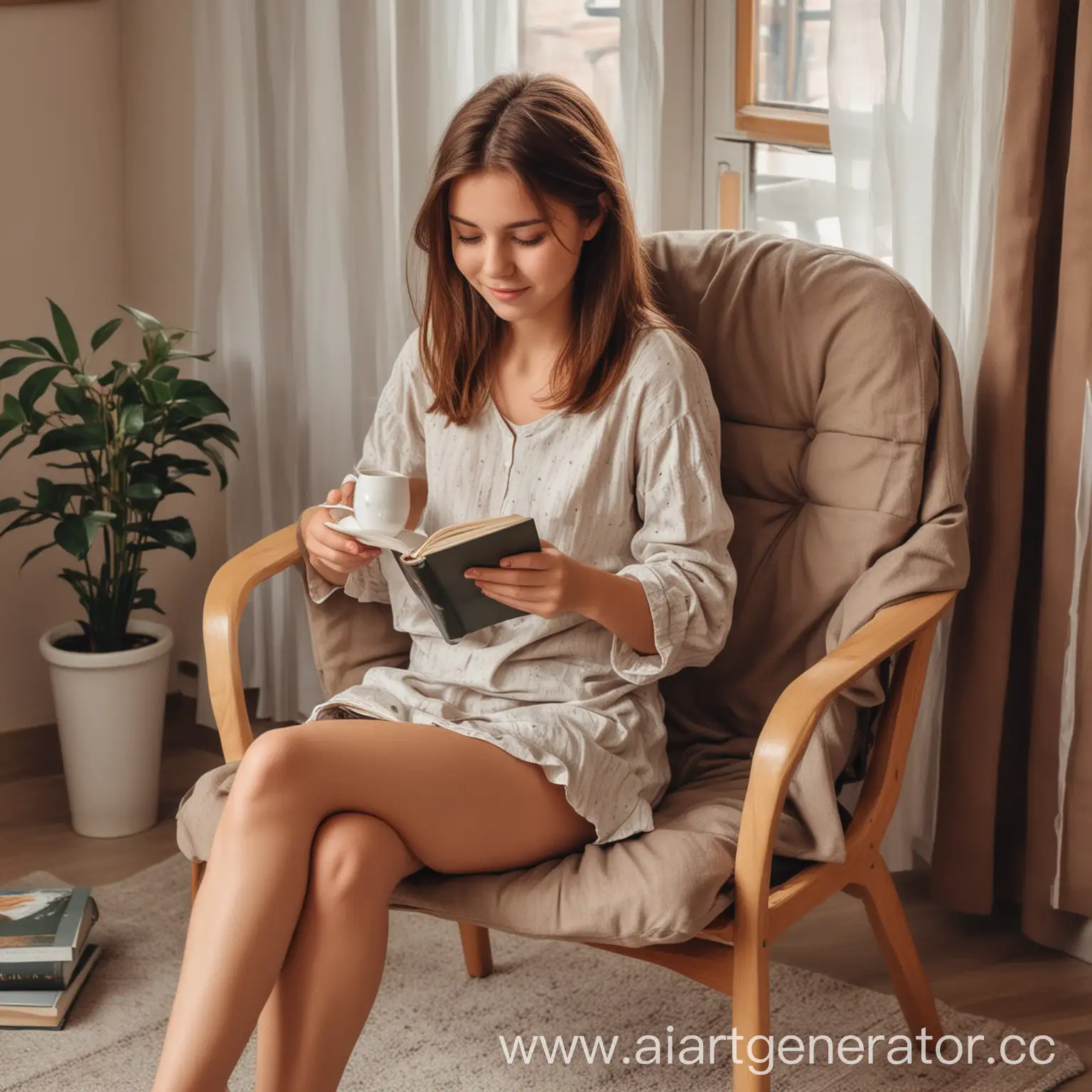 Girl-with-Brown-Hair-Reading-a-Book-and-Tea-Cup-at-Home