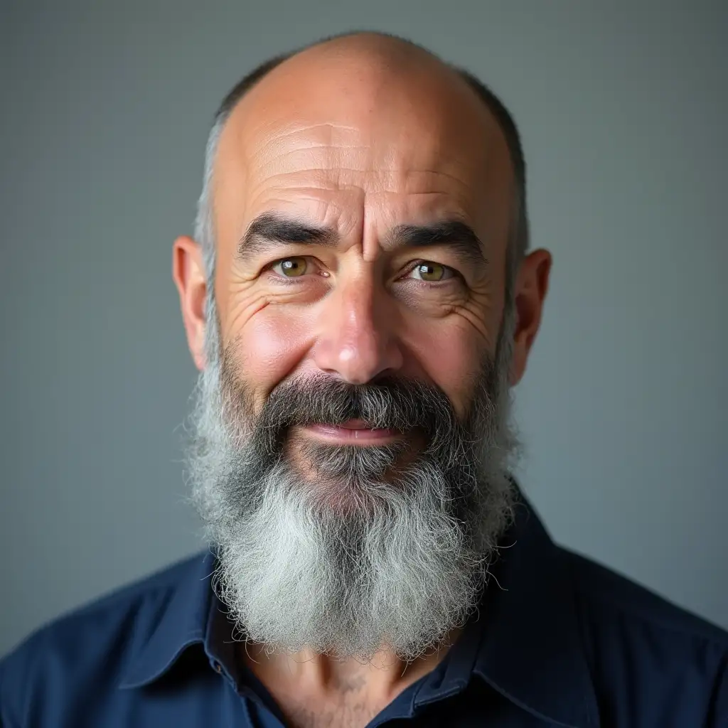 Headshot of a man in his 50s, shoulders-up, completely bald and shaved head, very round face, very long bushy grey beard, green/hazel eyes, dark prominent eyebrows, full lips, medium-light skin tone, neutral expression, soft natural lighting, wearing a navy collared shirt, clean light and single colored background, completely squared shoulders, photorealistic and lifelike style, high detail.