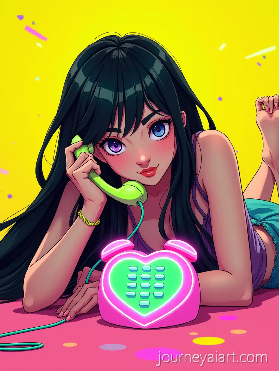 Funky-Cartoon-Girl-with-Retro-Phone-and-Glowing-Heart-in-Neon-Acid-Punk-Art-Style