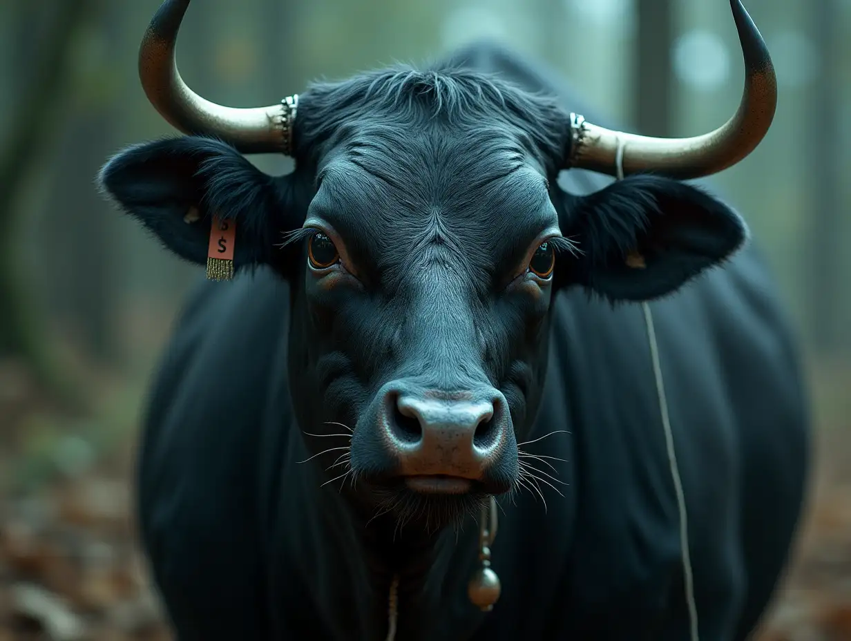 Create a surreal world with A very old dark woman on a Cyberpunk cow