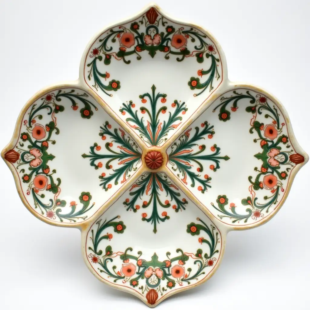 A ceramic serving in the shape of a four-petaled flower with a ceramic handle, Underglaze painting on white body, Fine art, Hyper detailed, Antique and old, Qajar art, Iranian Tabriz carpet design