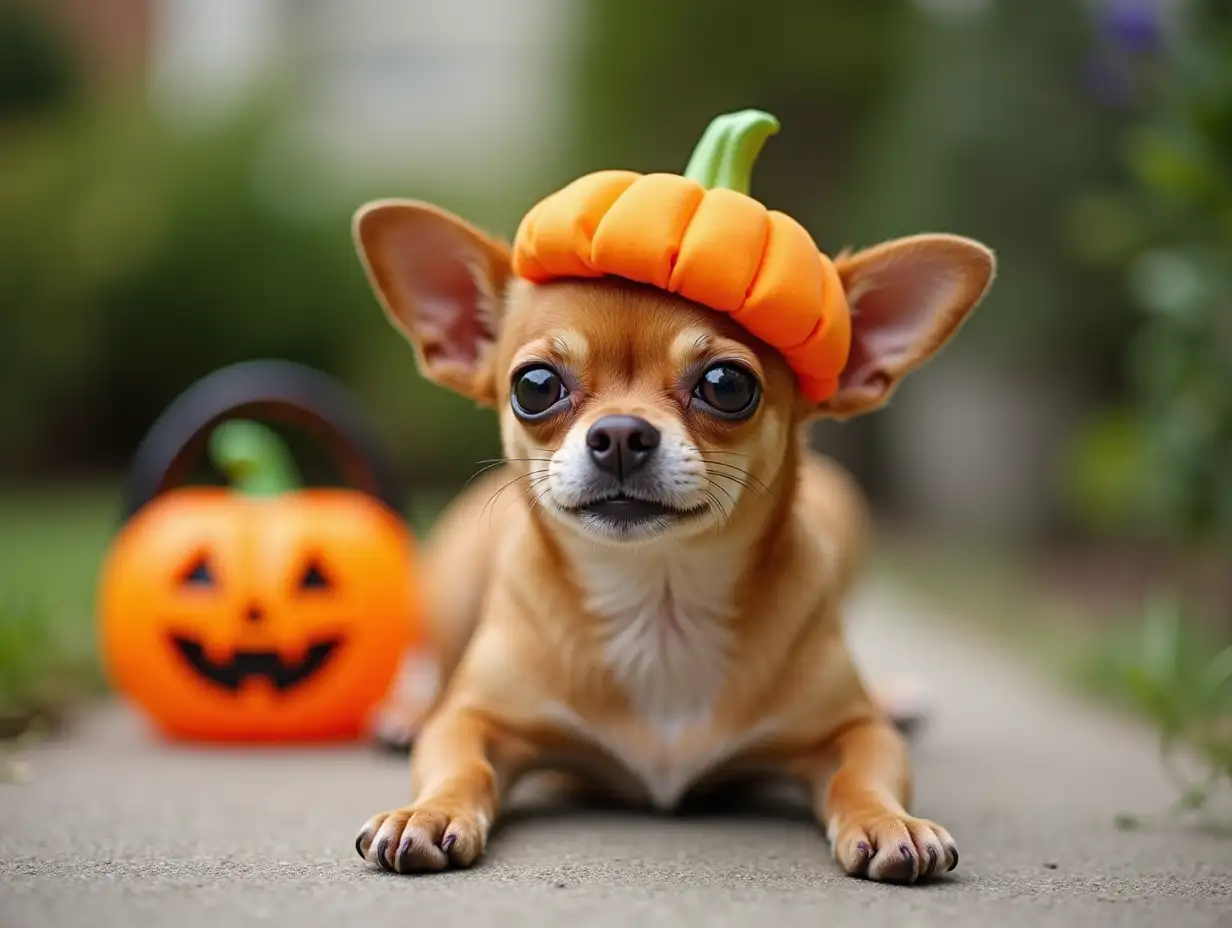 brown short hair Chihuahua dog wearing Halloween pumpkin hat sitting on cement in the garden with plastic Halloween pumpkin basket