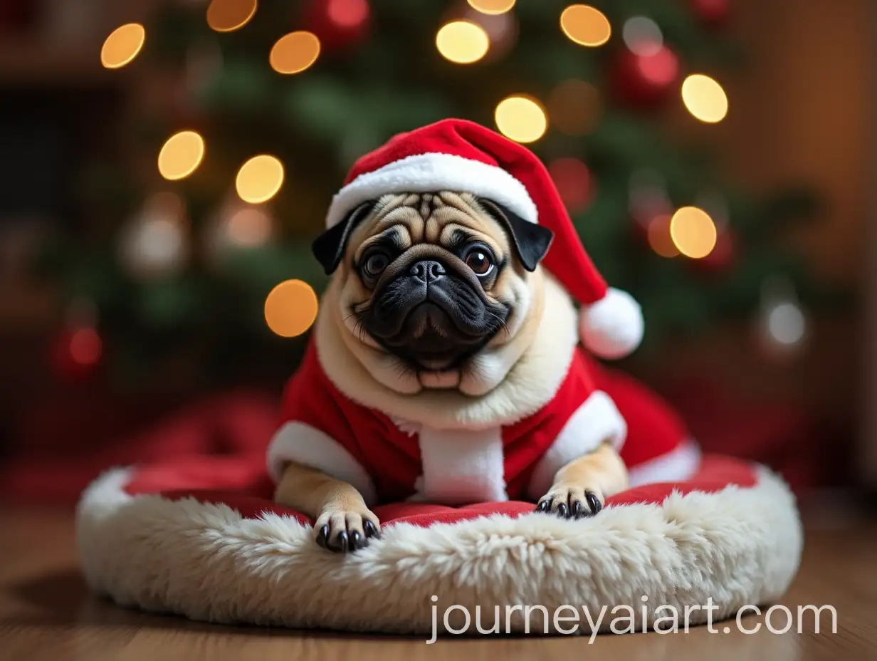 Fluffy-Smiling-Pug-in-Santa-Costume-by-Christmas-Tree