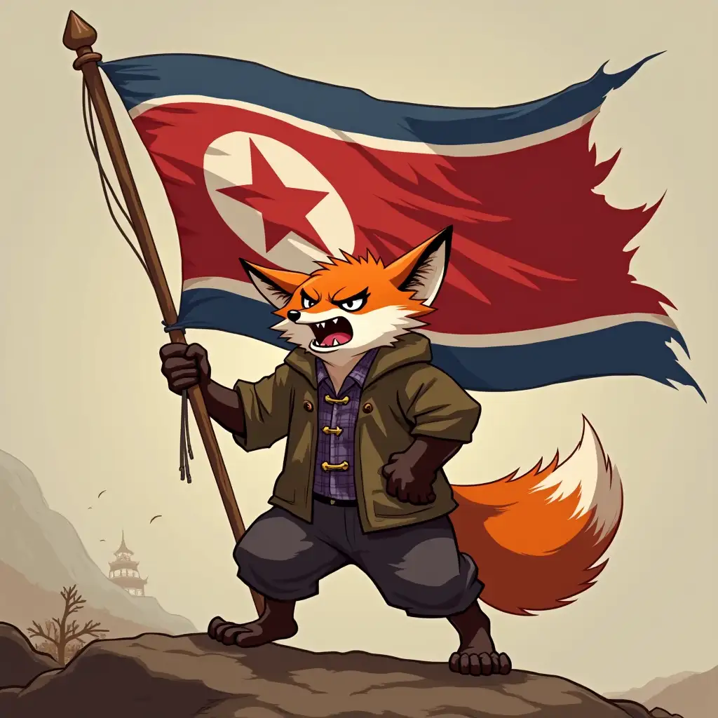 a brutal anthropomorphic fox proudly carries the flag of DPRK