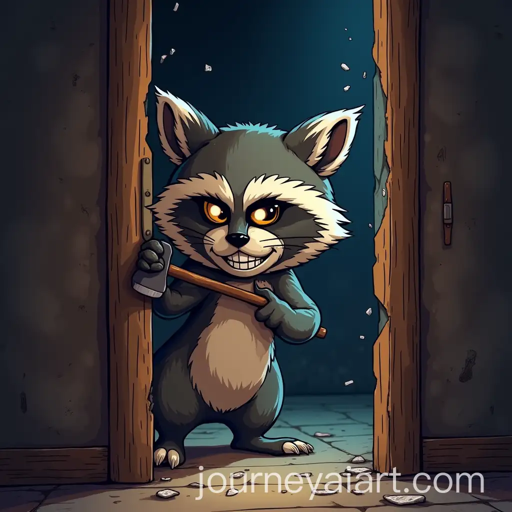 Mischievous-Cartoon-Raccoon-Breaking-Through-a-Door-with-an-Axe