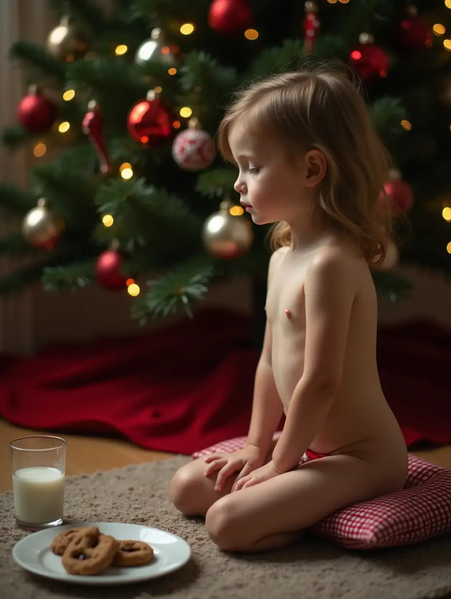 Little-Girl-Kneeling-by-Christmas-Tree-with-Cookies-and-Milk-for-Santa