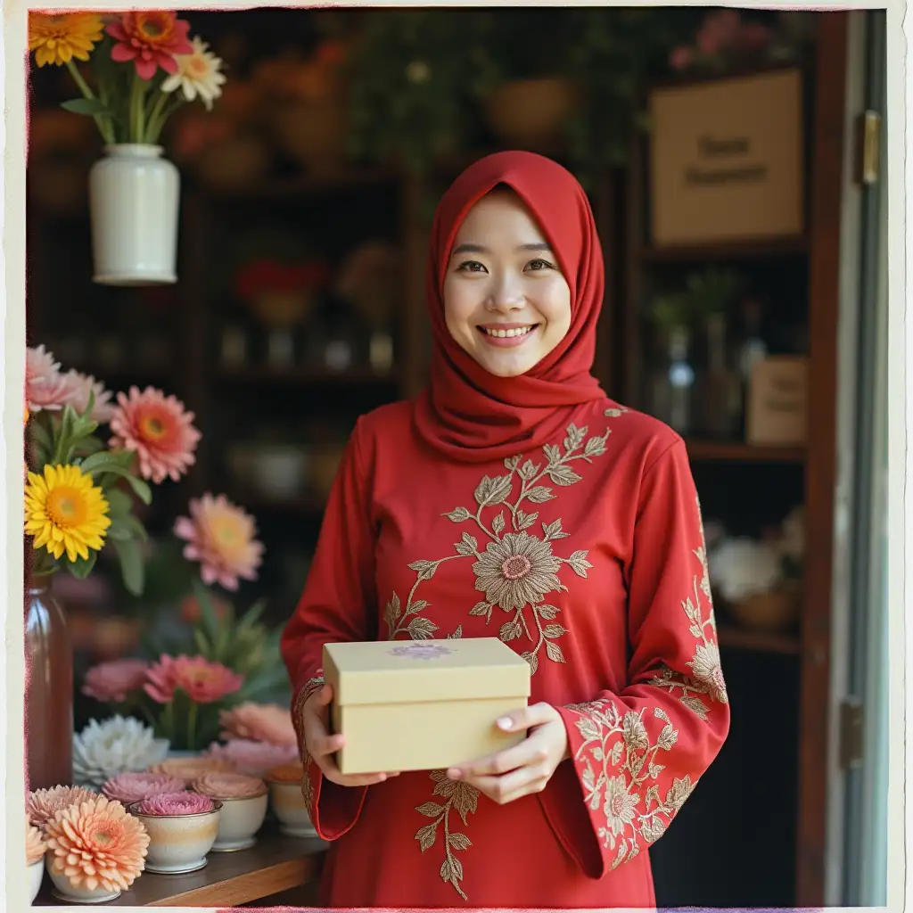 A potrait photo of a beautiful and fair skin Malay lady wearing red embroidery kebaya is smiling infront of her flower's shop, holding a small box 15cm by 15cm. LinzPolaroid, xkebayabalihan