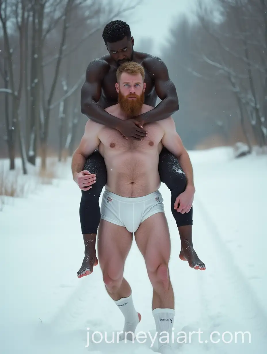 Muscular-Ginger-Man-Lifting-Unconscious-Black-Man-in-Snowy-Landscape