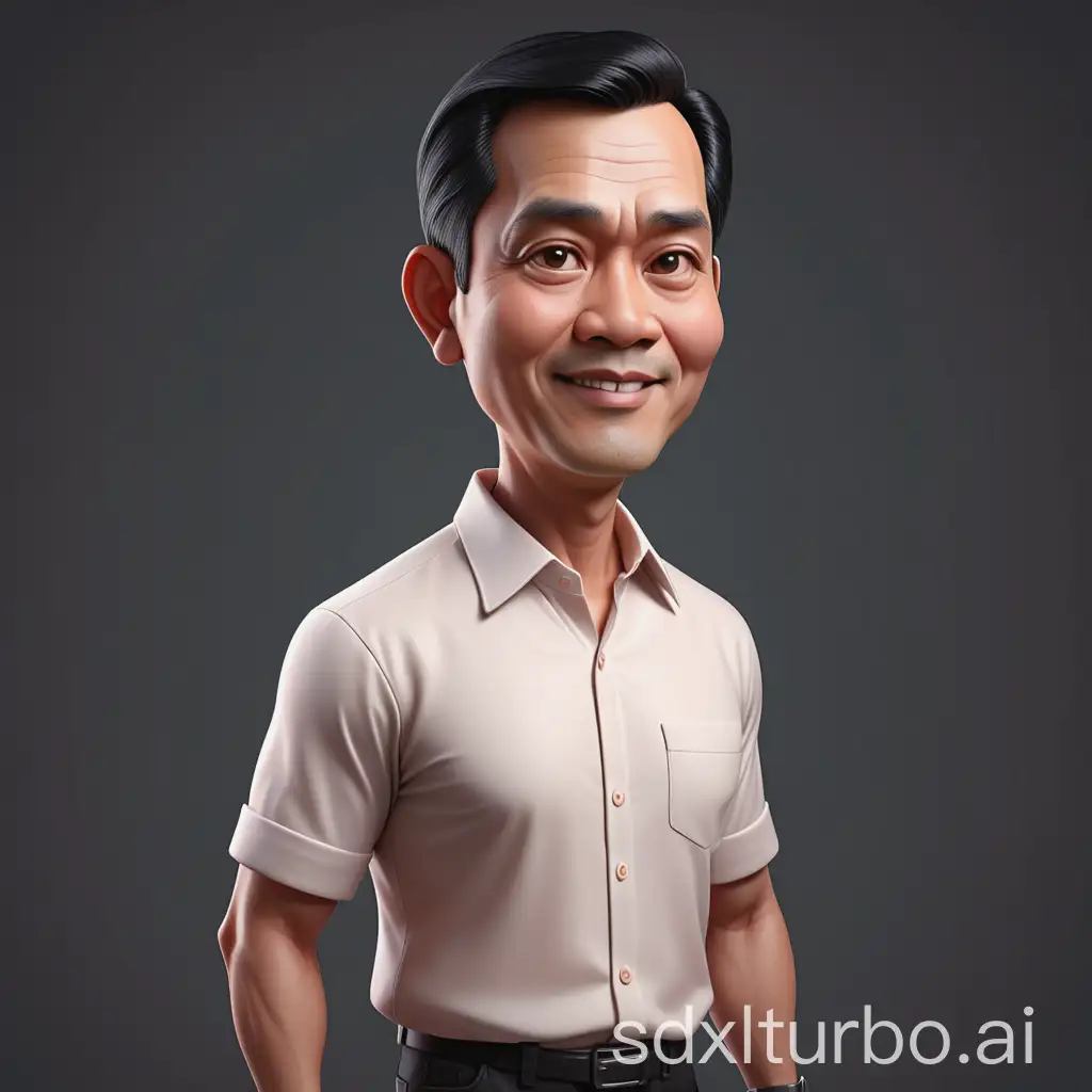 Create 3D cartoon style full body with a big head. A 50 year old Indonesian man. Tall, slightly thin body, oval face shape. Oval chin, handsome, slightly round eyes, clean white skin, faint smile. Black hair with a side part. Wearing a white shirt. Body position is clearly visible. Background colored peach solid. Use soft photography lighting, hair lighting, top lighting, side lighting. Highest quality photos, Uhd,16k.