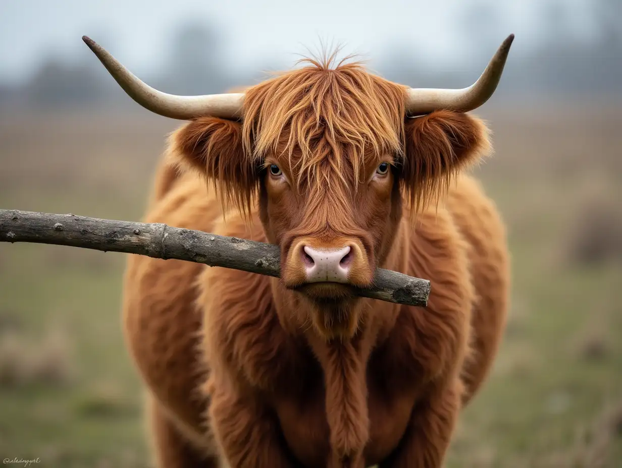 hairy highland cow carrying a long stick in its mouth