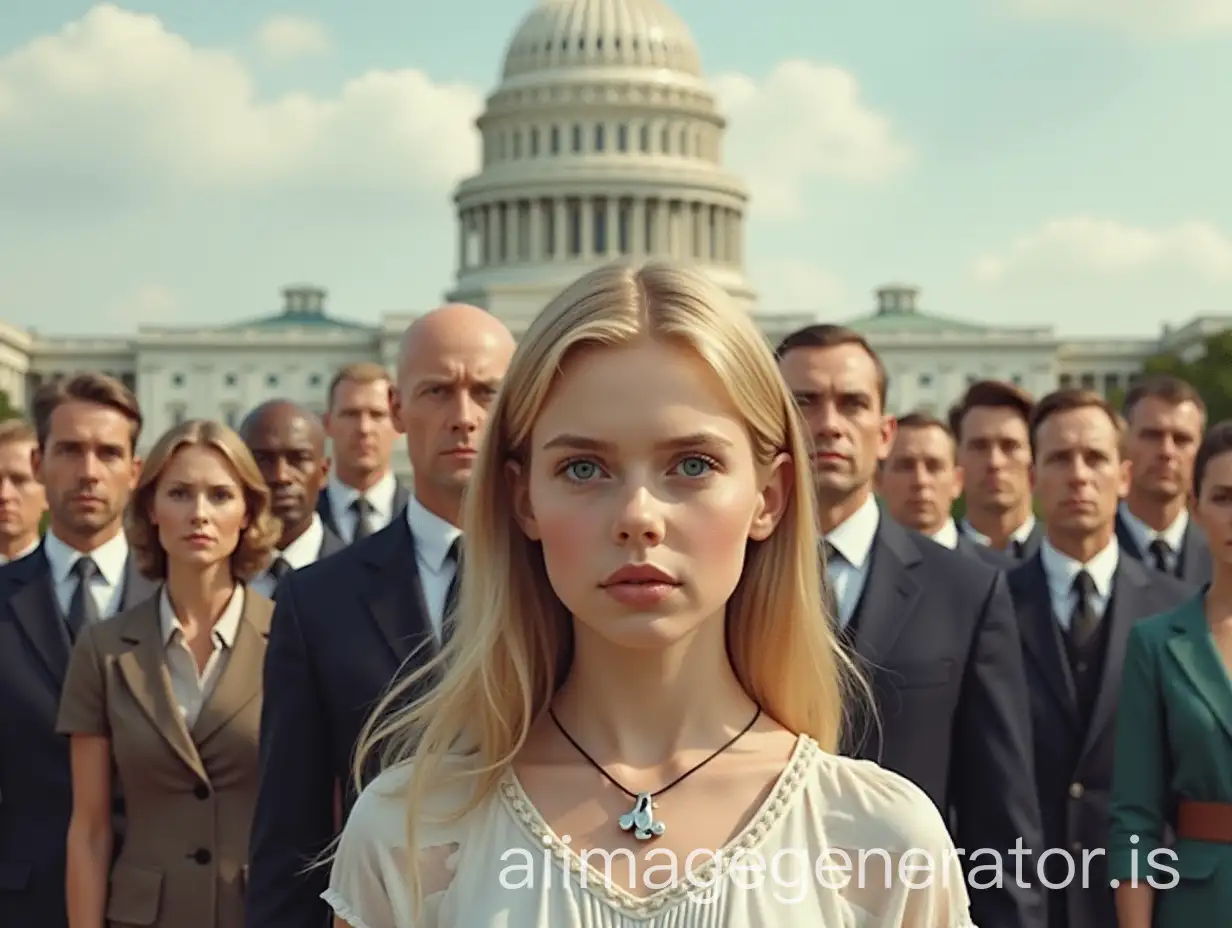 Blonde-Girl-and-BlueEyed-Boy-in-Front-of-Political-Building-with-Diverse-Groups