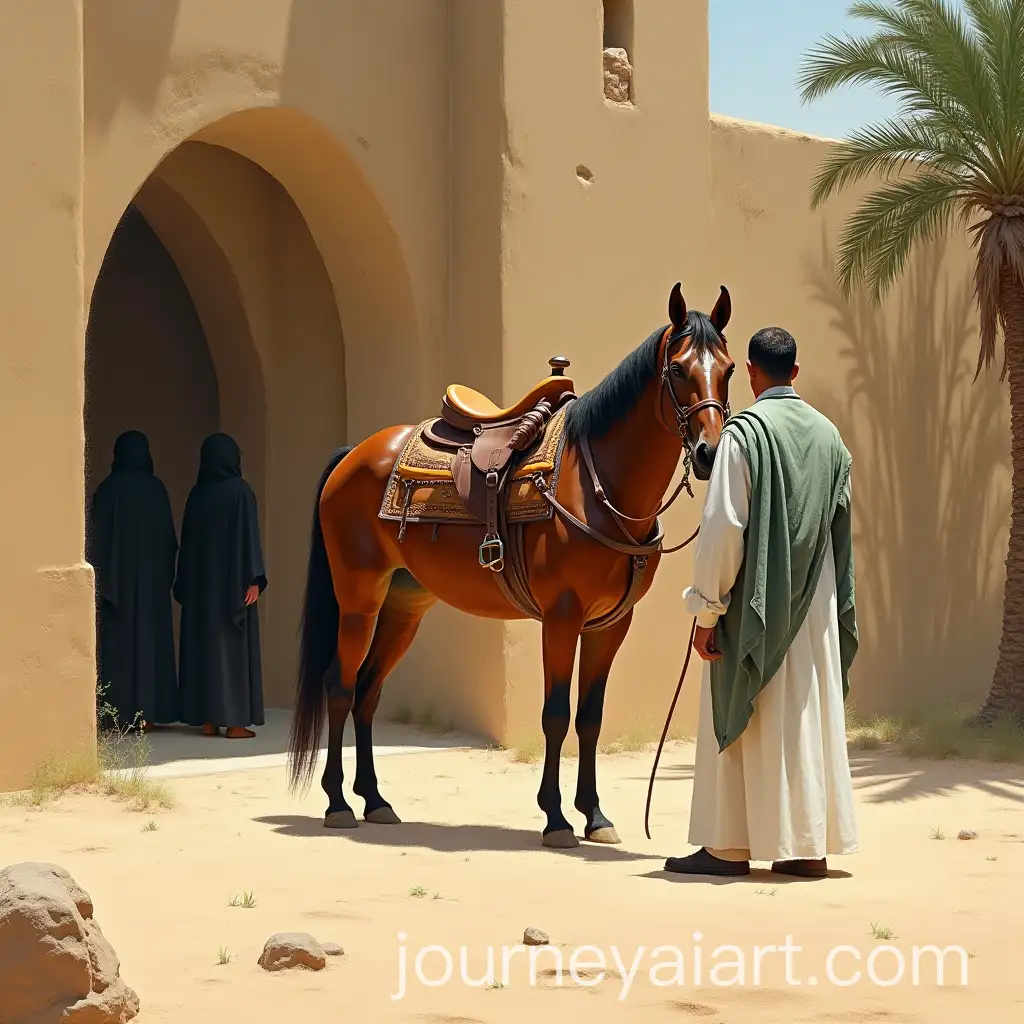 Man-with-Horse-in-Desert-Landscape-with-Middle-Eastern-Architecture