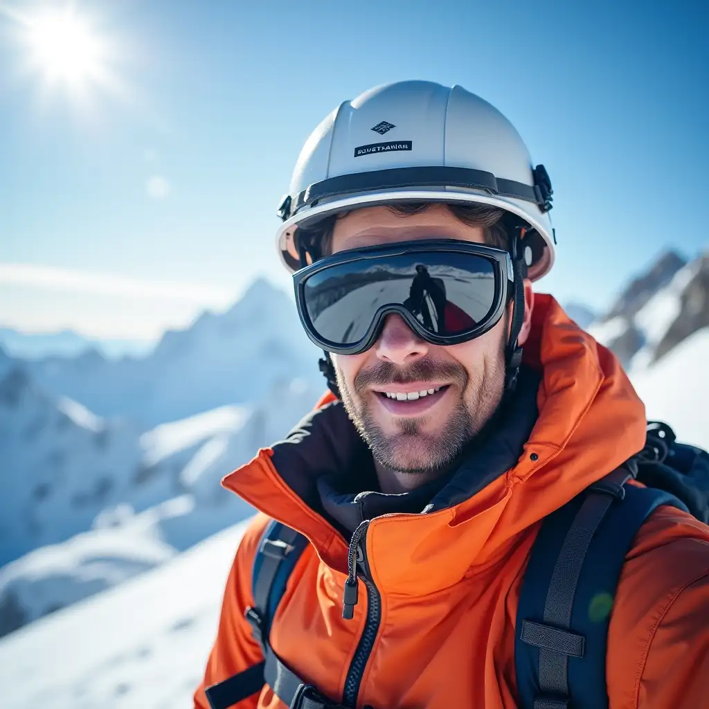 a safety engineer with PPE on the top of mount everest