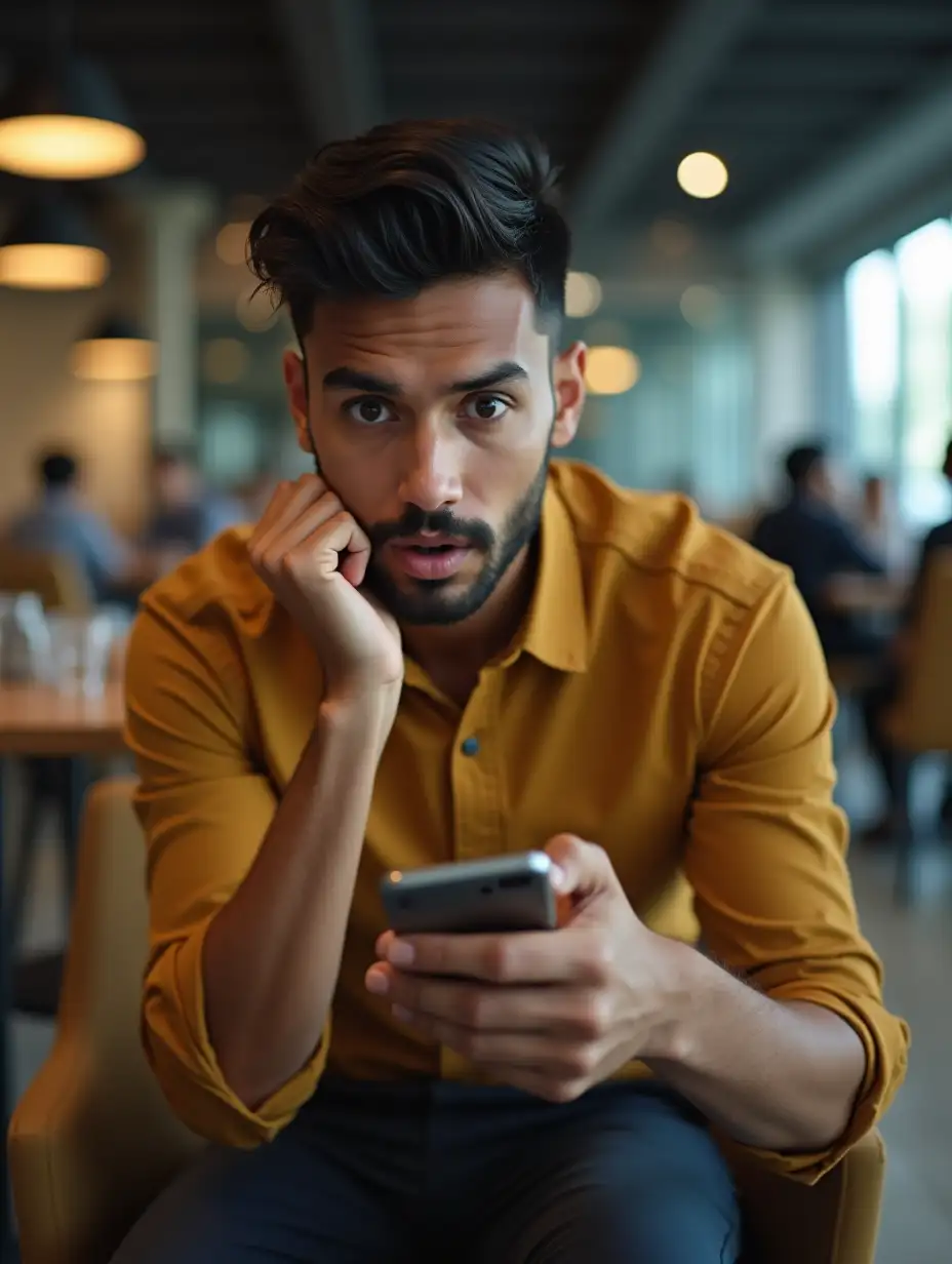 32K Ultra-Realistic RAW Photo, tight-medium shot, slightly low angle, capturing a stylish Indonesian man in his early 30s, sitting at a modern corporate cafeteria during a break. He has a trendy, well-groomed look, with short, slightly tousled black hair, a light beard and mustache, and a sharp jawline. His outfit consists of a sleek, mustard-yellow button-up shirt with the sleeves casually rolled up to his elbows, paired with fitted dark trousers, giving him a confident, modern professional appearance. His expression is one of shock and disbelief—his mouth slightly open, lips parted in astonishment, while his left hand grips his chin as if trying to process what he's seeing. His eyes are wide, pupils dilated, and eyebrows raised high, giving him a completely stunned look. The smartphone screen softly reflects on his face, emphasizing his intense focus and emotional reaction. The background is a bustling office cafeteria