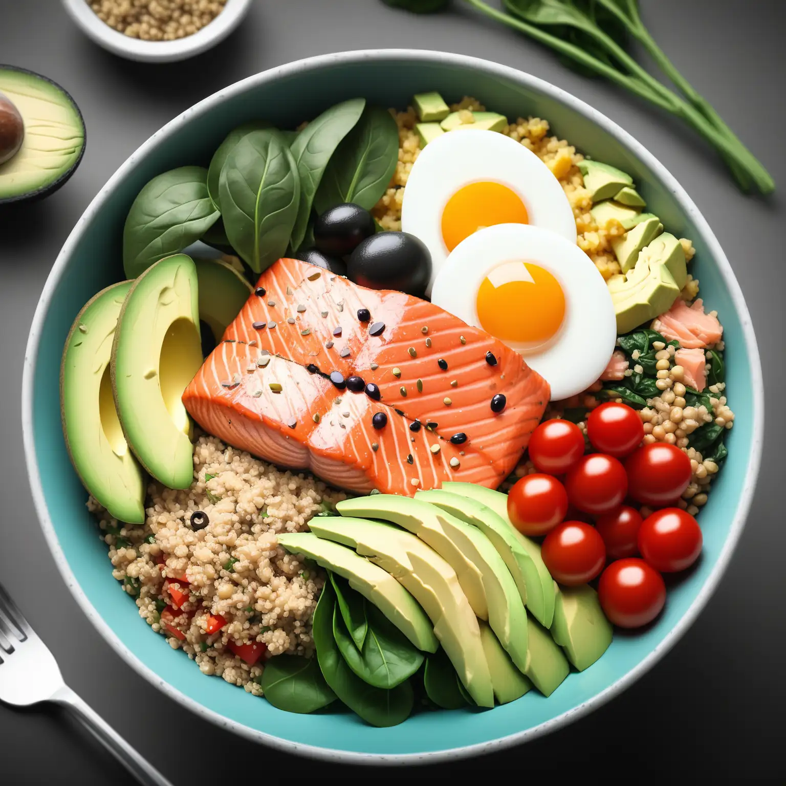 A vibrant and healthy salmon power bowl with quinoa, spinach, avocado, eggs, olives, and tomatoes Dimensions: 16:9 shyst14424.625jpeg shoot by professional camera with cinematic desaturated lenses